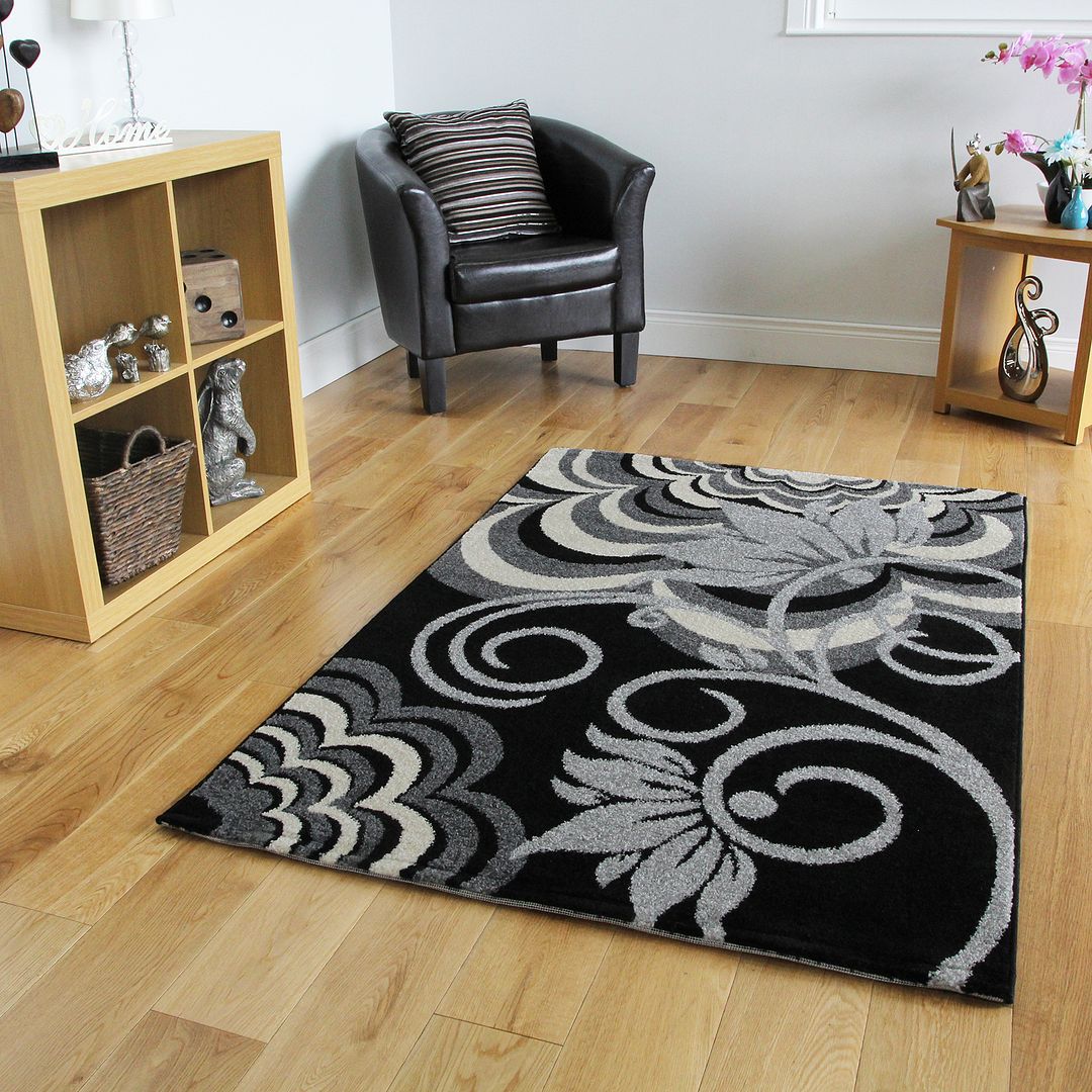 Black Small Large Rugs Floral Modern Rugs Easy Clean Soft Living Room Rugs Cheap eBay